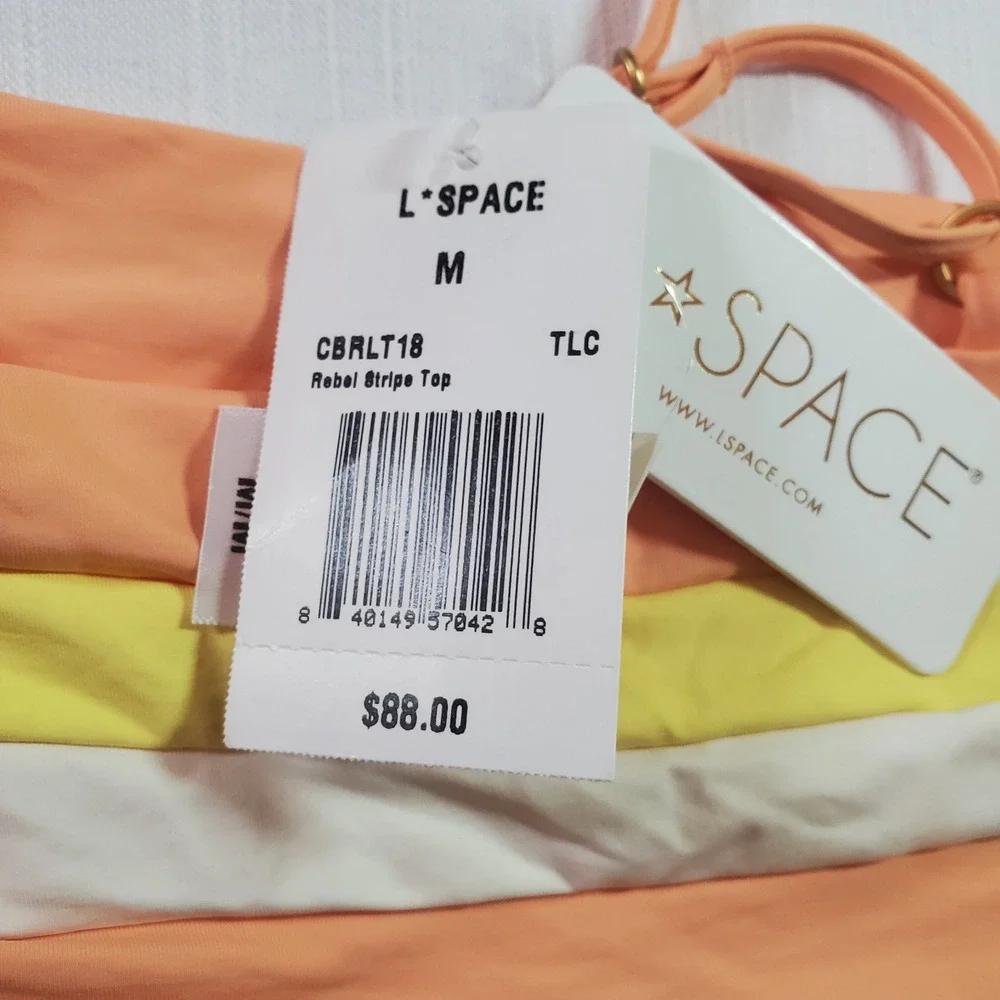 L*Space Rebel Stripe Bikini Top Peach Orange Yellow Swimsuit Medium M NWT Retail